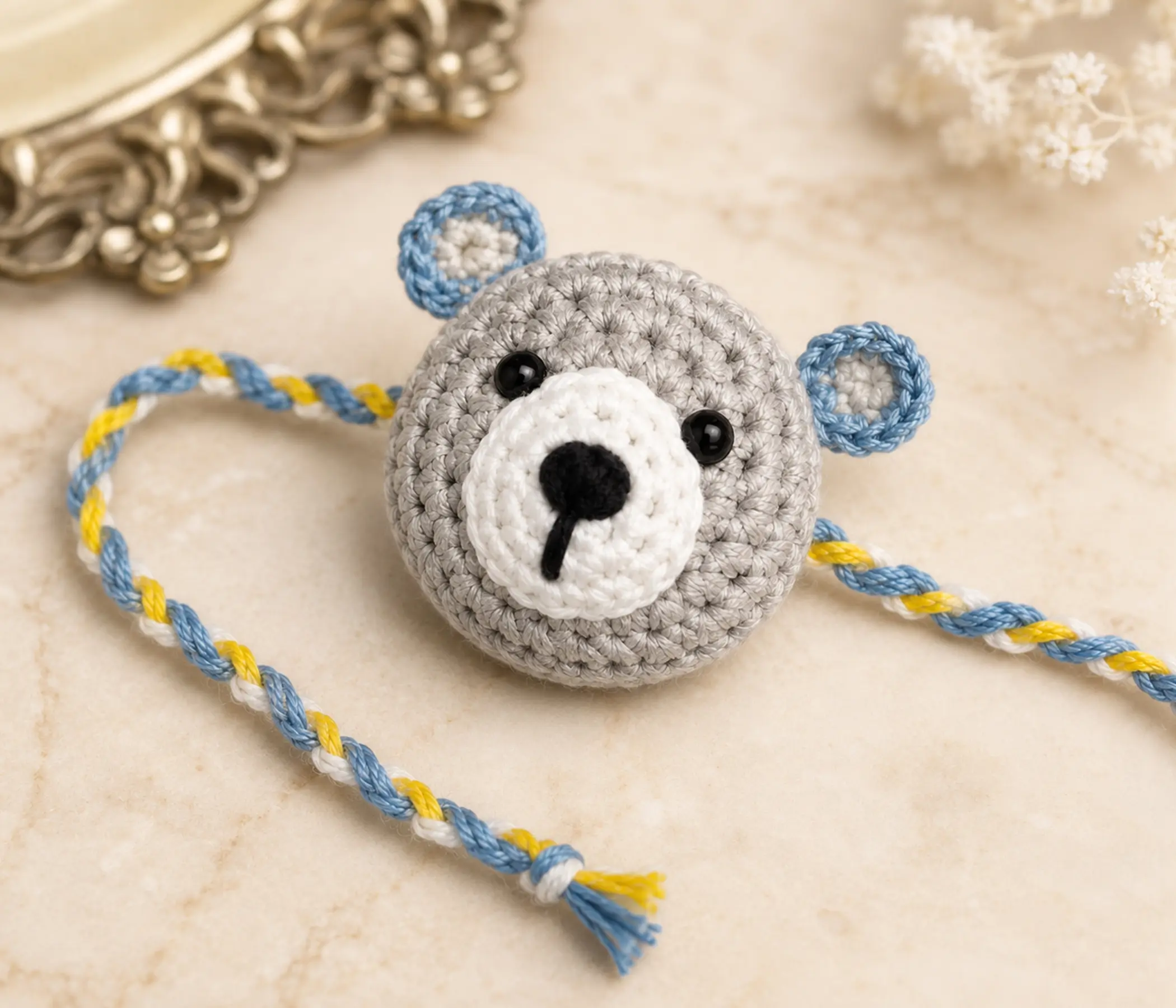 Adorable Grey Plush Bear Handcrafted Kids Crochet Rakhi